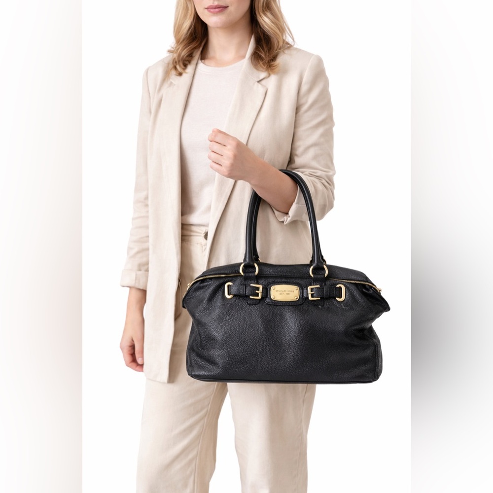 Michael Kors Black Pebbled Leather Satchel Shoulder Tote Gold Hardware - Picture 2 of 6
